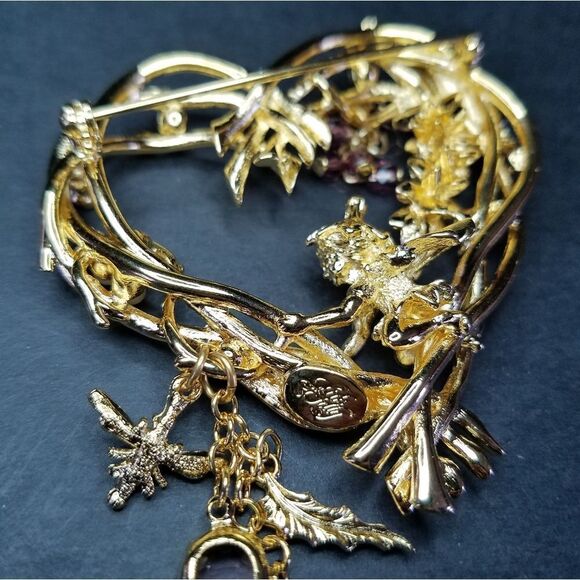 Vintage Signed Kirks Folly Fairy Wisteria Heart Gold Tone Rhinestone Brooch Pin - Picture 7 of 8